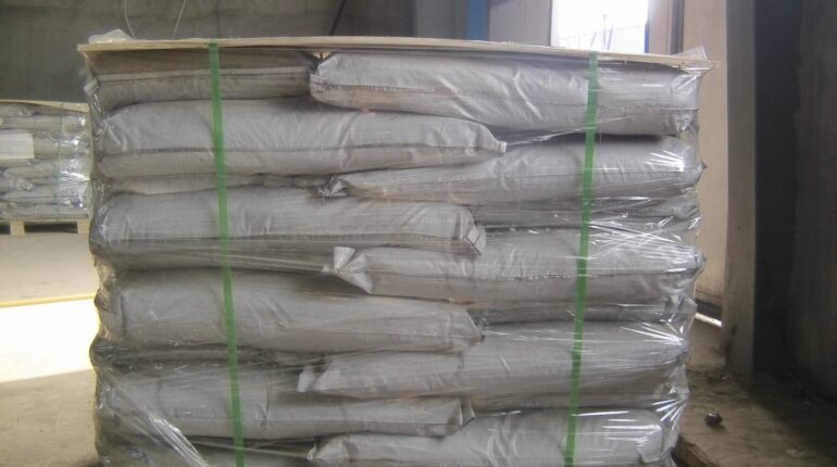 Palletized bags of humate products wrapped for export