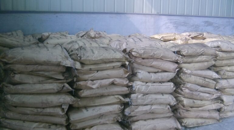 Warehouse stacks of bagged humate products ready for shipment