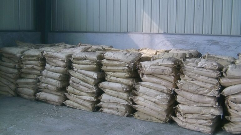 Bagged humic acid products stacked in a warehouse